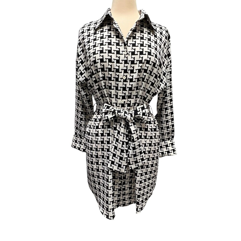 12th Tribe Black White Geometric Print Belted Shirt Dress Size M Mod Chic